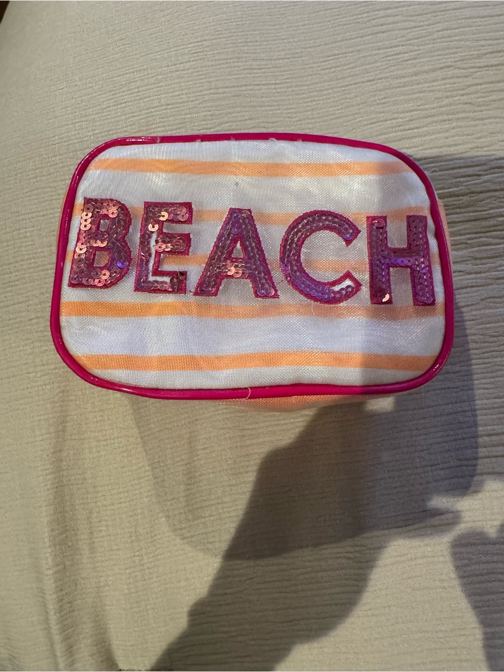 Sequin 'BEACH' Pouch - Pink & Orange Stripe